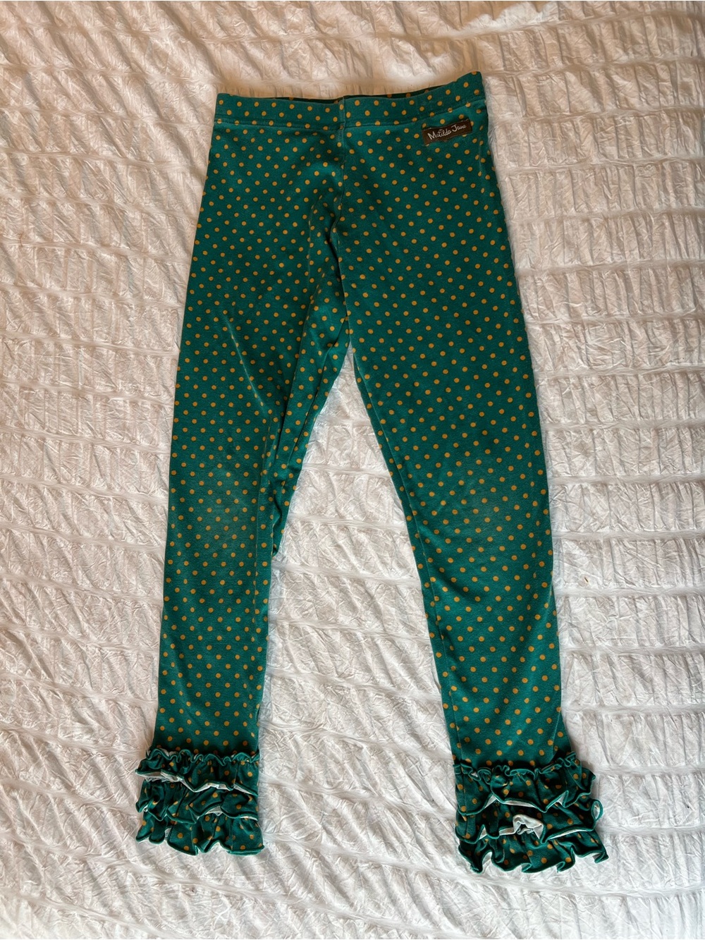 Matilda Jane Green Ruffle Polka Dot Leggings Size 8 GUC